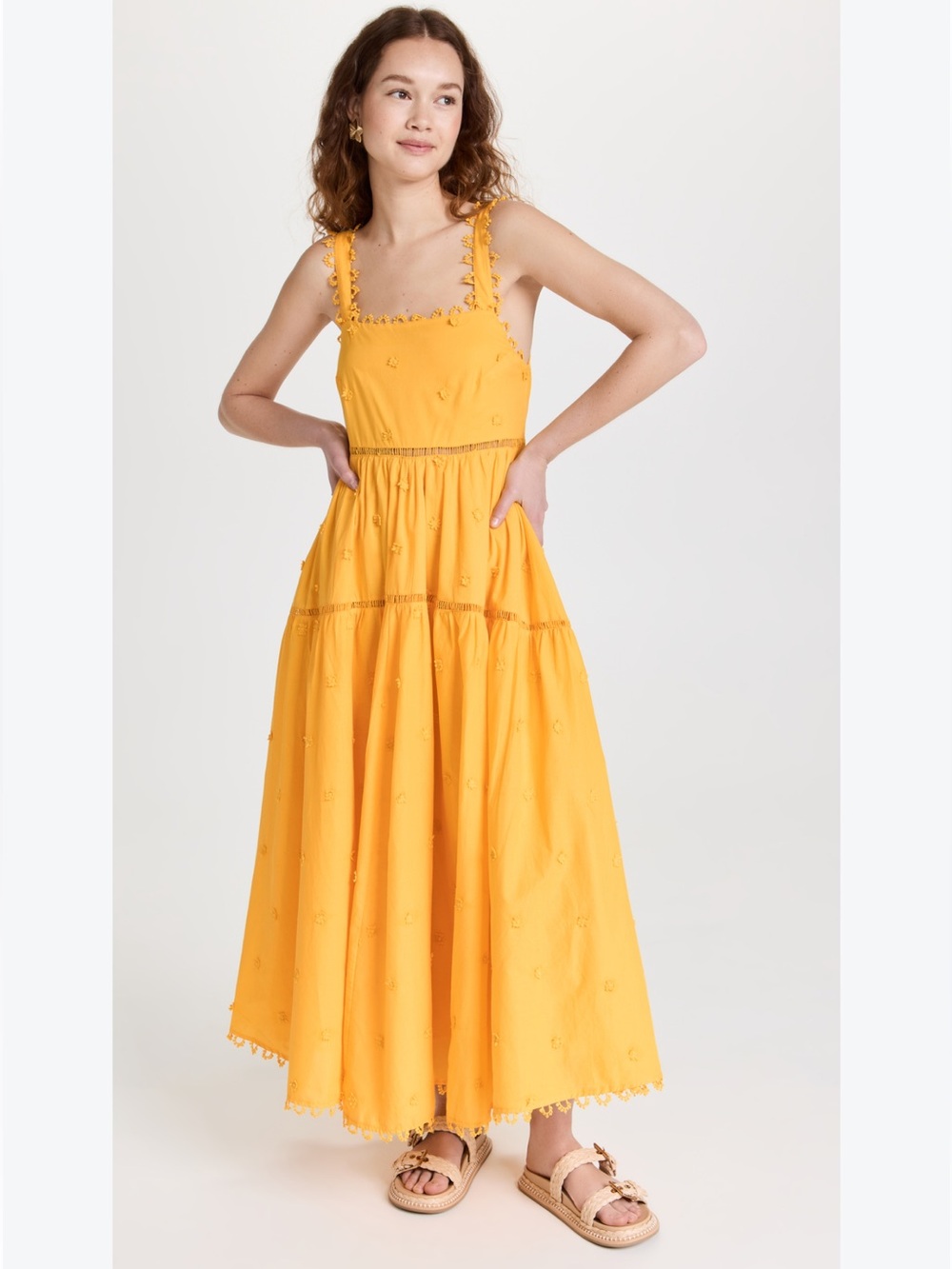 FARM Rio Yellow 3D Flowers Midi Dress Size Small Cotton Resort Open Back